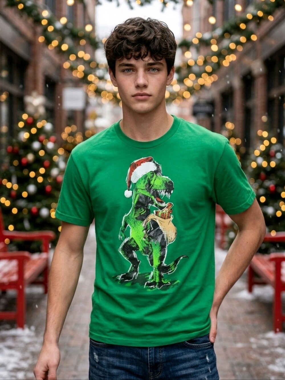Youth Boys XXL (18) Green Holiday T-Rex Santa T-Shirt Dinosaur Tee Shirt